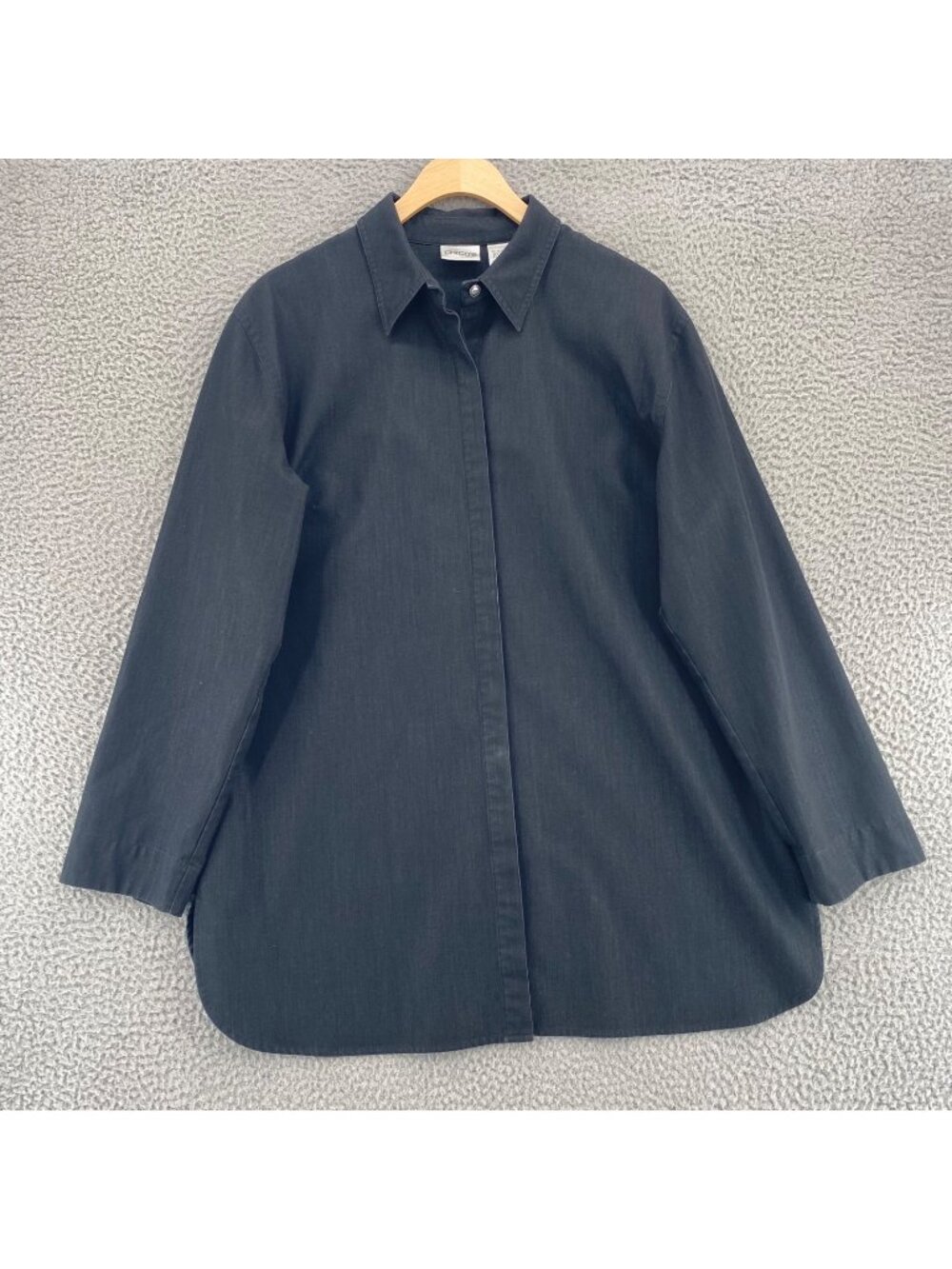 Chicos Shirt Womens 2 US Large Black Long Sleeve Collar Button Up Tunic Stretch